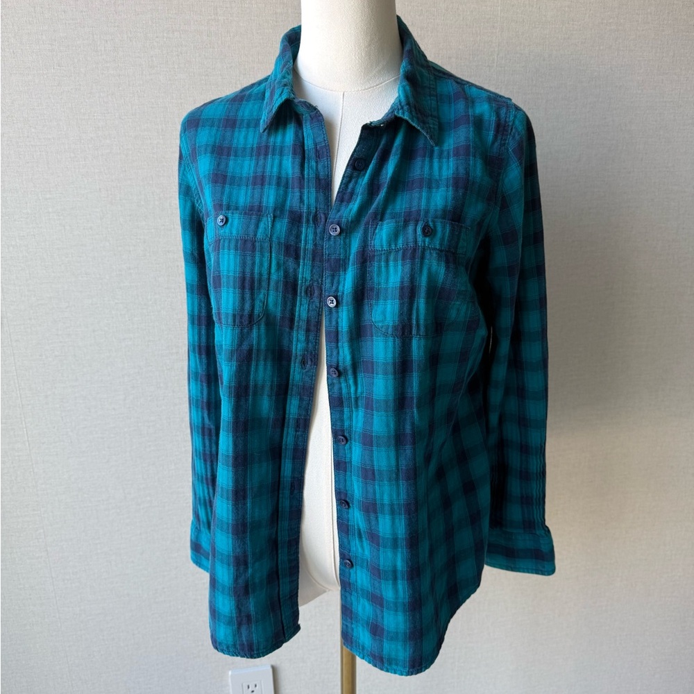St. John's Bay Women’s Teal and Blue Plaid Button-Down Shirt 100% Cotton